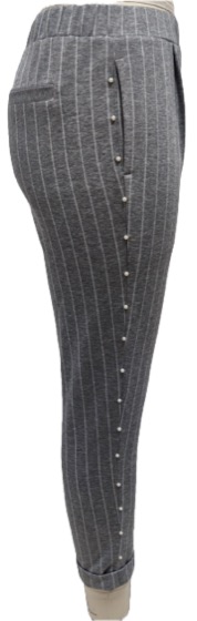 Grey pinstripe trousers with pearl side trim, side view