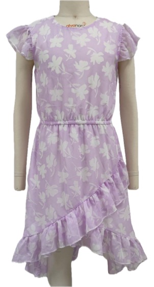 Lilac floral girls dress with ruffle asymmetric hem