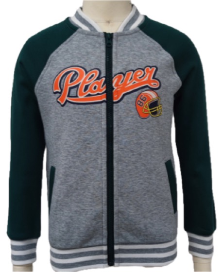Grey and green kids varsity zip jacket, football graphic