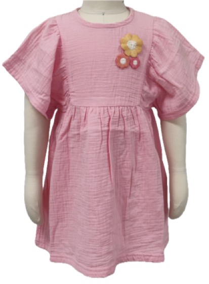 Pink muslin girls dress with flutter sleeves, flower applique