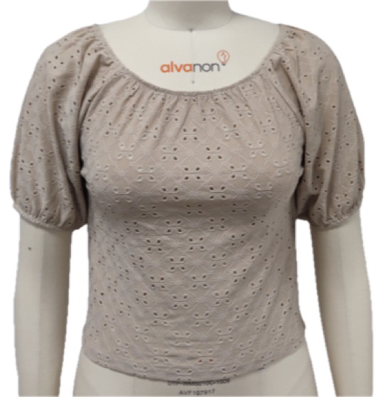 Beige eyelet off-shoulder womens top with puff sleeves