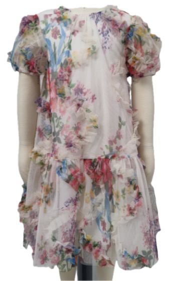 Floral print tulle girls dress with ruffle details