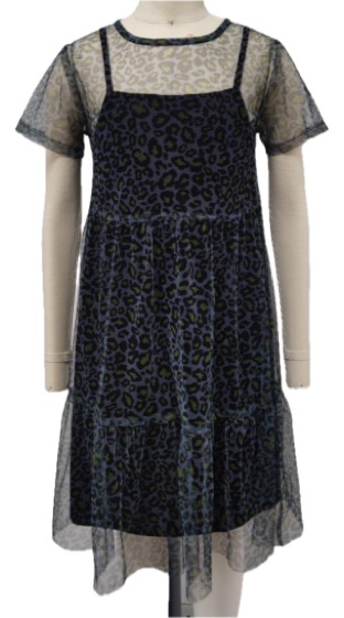 Girls leopard-print dress with sheer mesh overlay