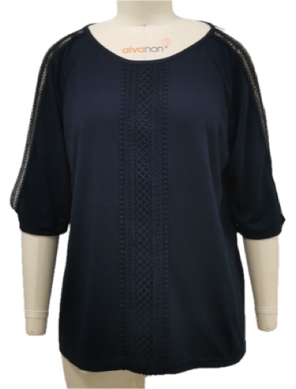 Navy women's top with crochet trim sleeves