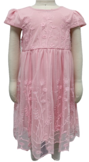 Pink embroidered tulle girls dress, cap sleeves