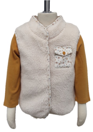 Cream sherpa baby gilet with floral pocket over mustard top