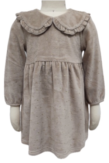 Taupe velour dress with ruffled collar, long sleeves