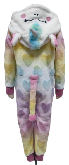 Rainbow heart unicorn hooded fleece onesie, back view