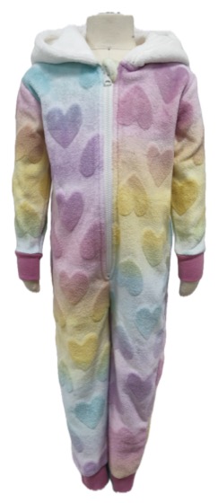 Rainbow heart hooded fleece onesie, front zip