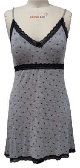 Grey bird-print cami nightdress with black lace trim