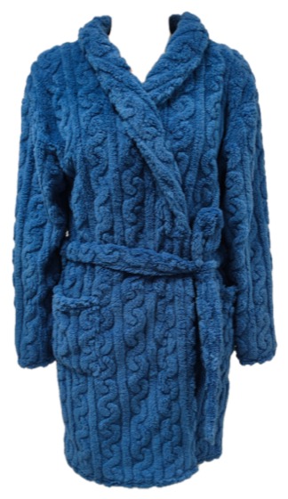 Blue cable-textured fleece dressing gown with belt