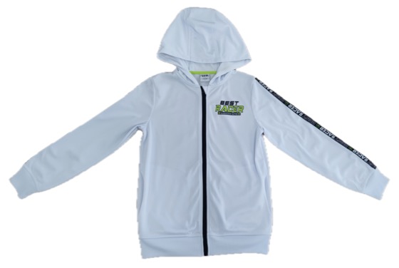 White zip-up hoodie with Best Racer print and taped sleeves