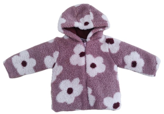 Pink sherpa fleece hooded jacket with flower pattern