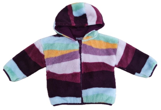 Multicolour striped fluffy fleece hooded zip jacket