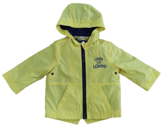 Yellow hooded rain jacket with Little but Loud slogan