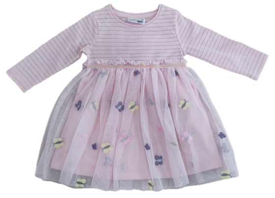 Pink long-sleeve dress with butterfly-embroidered tulle skirt