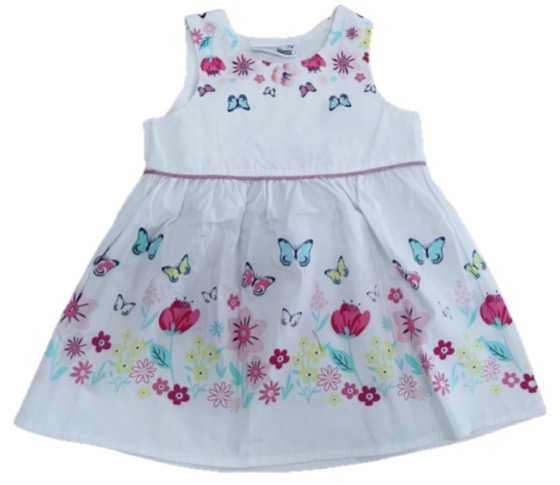 White sleeveless dress with butterfly and flower print