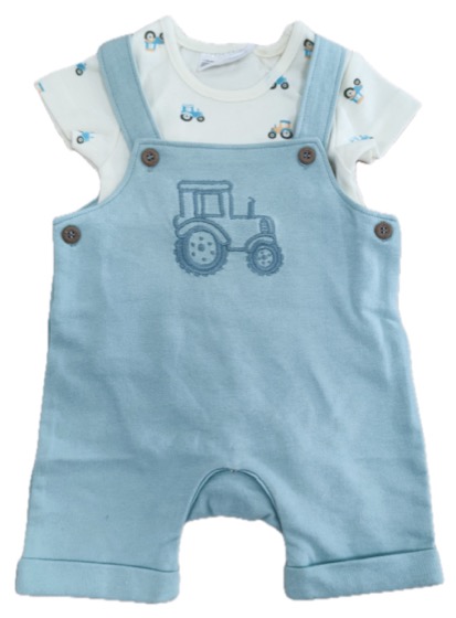 Blue tractor dungaree shorts set with printed bodysuit