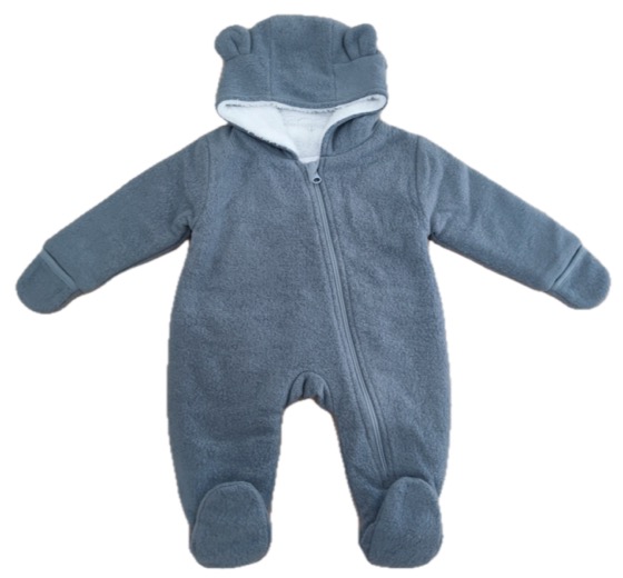 Grey fleece hooded pramsuit with bear ears, footed