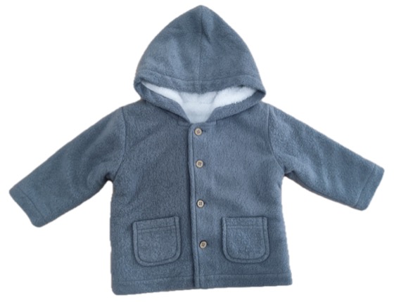 Blue fleece hooded jacket with buttons and pockets