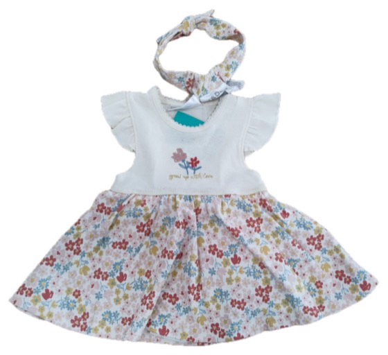 White baby dress with floral skirt and headband