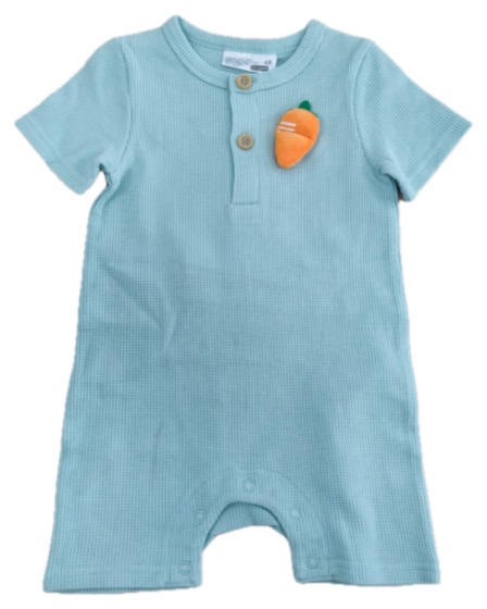 Aqua waffle short-sleeve romper with carrot applique