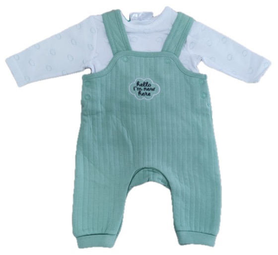 Mint dungaree romper set with white long-sleeve top