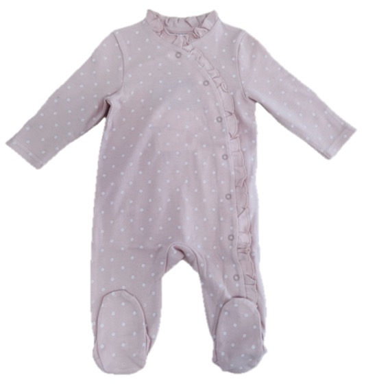 Pink polka-dot footed sleepsuit with ruffle trim