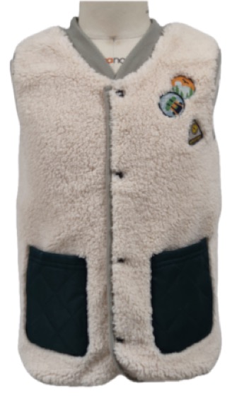 Cream sherpa fleece button vest with patches, contrast pockets