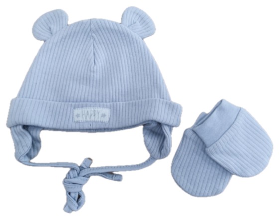 Blue ribbed baby bear-ear hat and mittens set