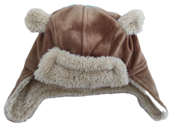 Brown velour bear-ear trapper hat with sherpa lining