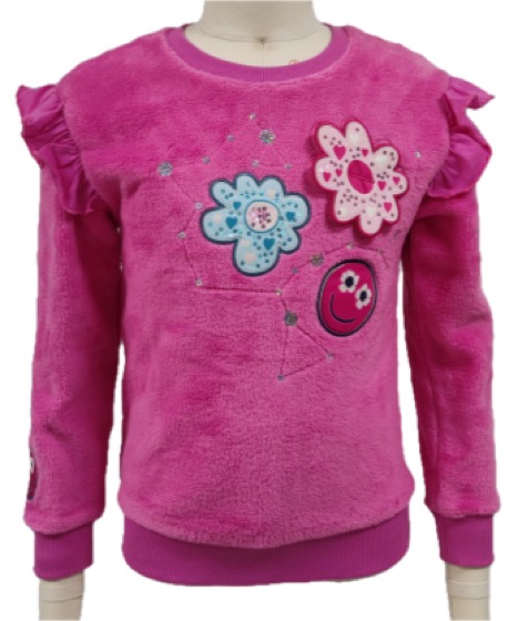 Pink fluffy fleece sweatshirt with flower appliques
