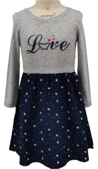 Girls dress, grey Love top, navy heart-print skirt