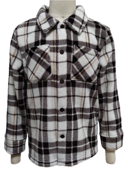 Brown-white plaid fleece shirt jacket, button front