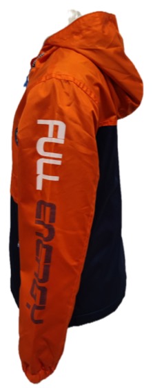 Orange-navy hooded windbreaker jacket, side view