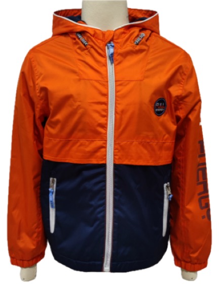 Orange-navy hooded zip windbreaker jacket, front view