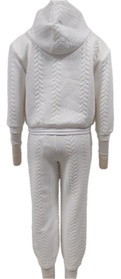 White cable-textured hooded tracksuit set, back view