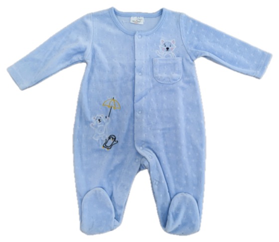 Blue velour footed sleepsuit with bear embroidery