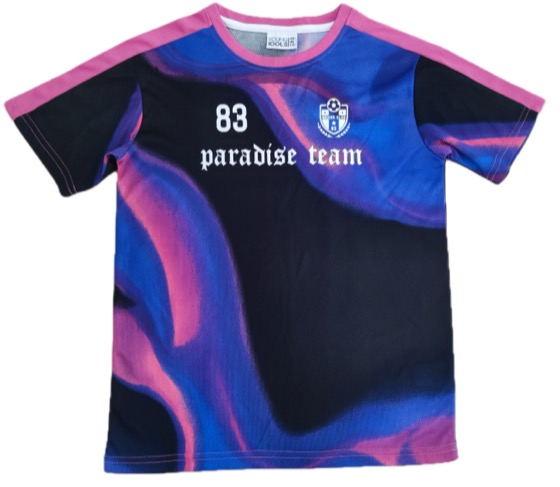 Pink and blue swirl 'paradise team 83' sports jersey tee