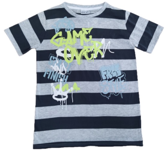 Grey and navy striped tee with 'Game Over' graffiti print