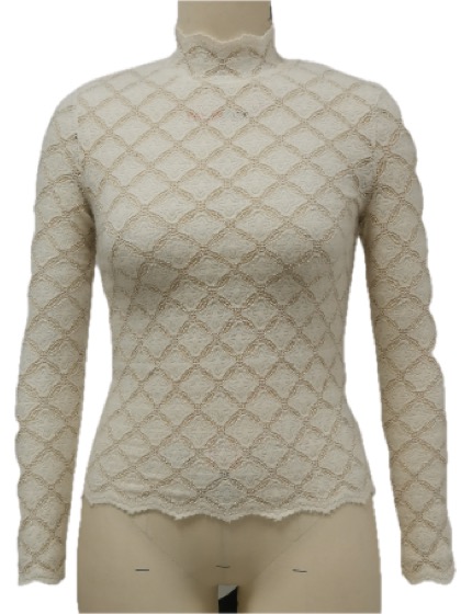 Cream lace diamond-pattern long-sleeve mock-neck top