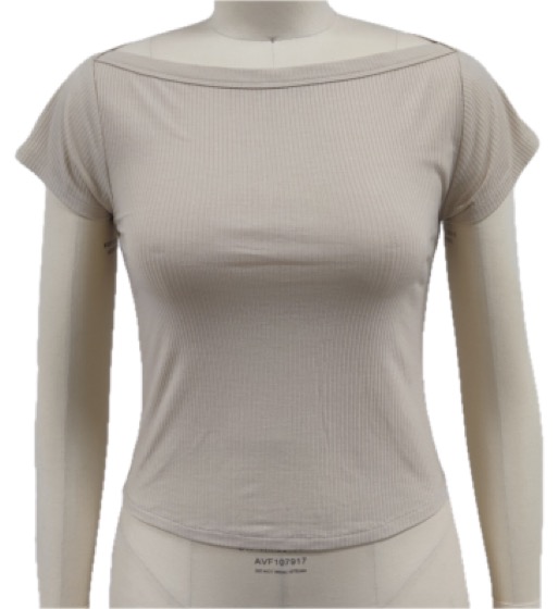 Beige ribbed boat-neck cap-sleeve fitted top