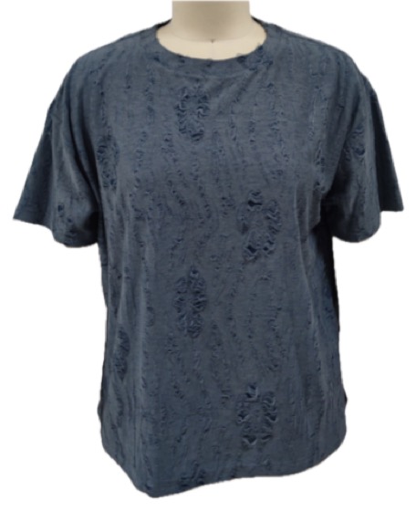 Blue-grey distressed ripped-effect oversized T-shirt