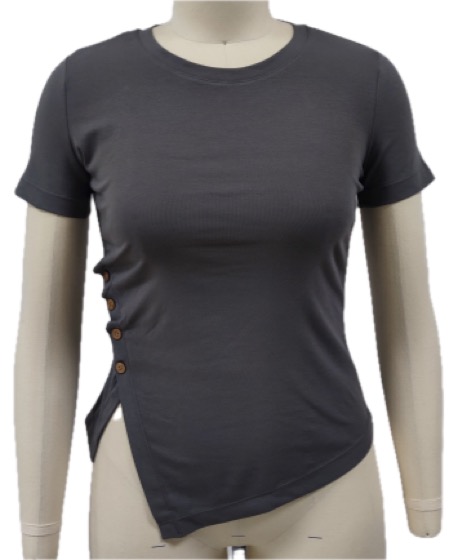 Dark grey tee with side buttons and asymmetric hem