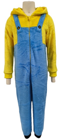Minion yellow-blue fleece hooded onesie with zip front