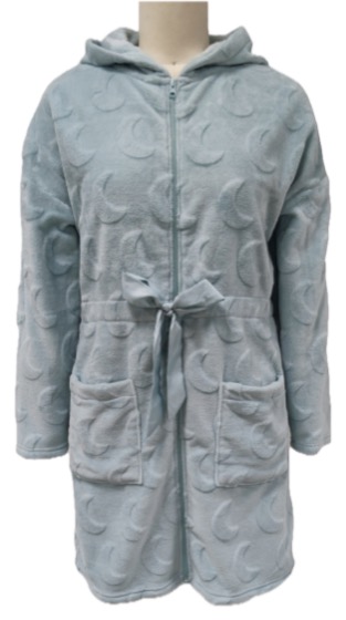 Sage fleece hooded zip robe with moon pattern and tie waist