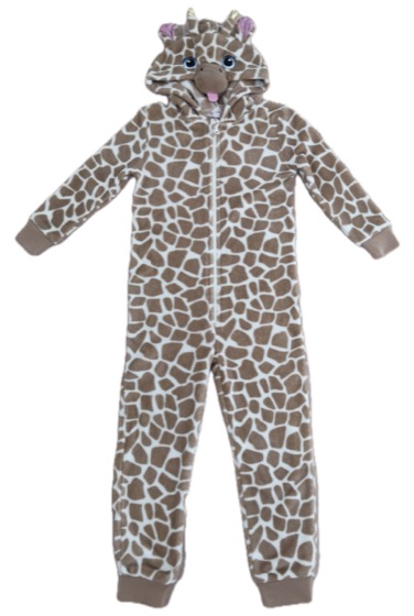 Giraffe-print fleece hooded onesie with animal-face hood
