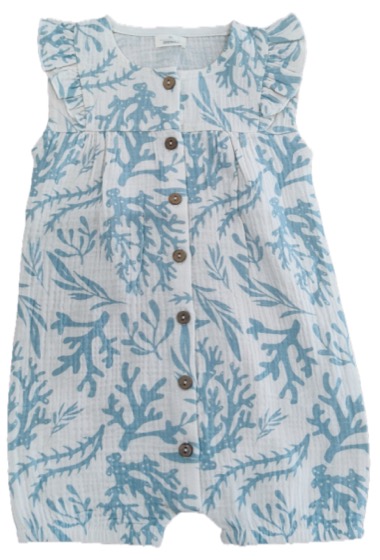 White muslin baby romper with blue coral print, button front