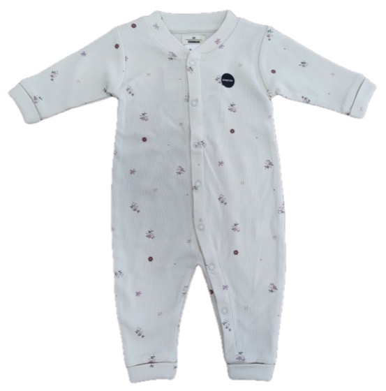 White ribbed floral-print footless baby sleepsuit, snap front