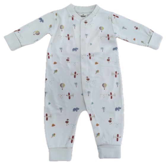 White baby sleepsuit with planes and animals print